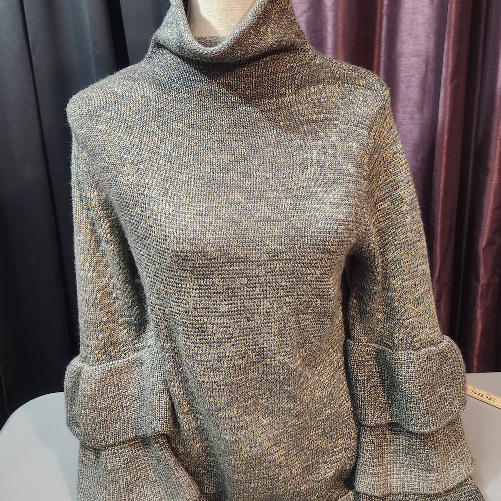 Knox Rose multicolor, marled knit sweater featuring a turtleneck, ruffled Sleeve
